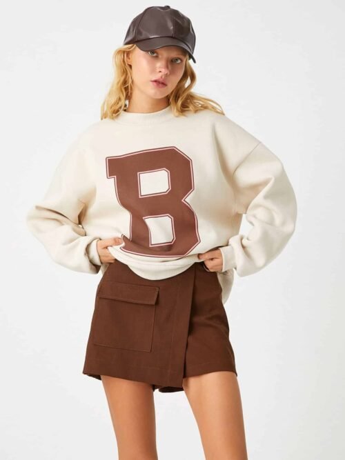 Printed College Sweatshirt Crew Neck Long Sleeve Fleece Inside - M, White